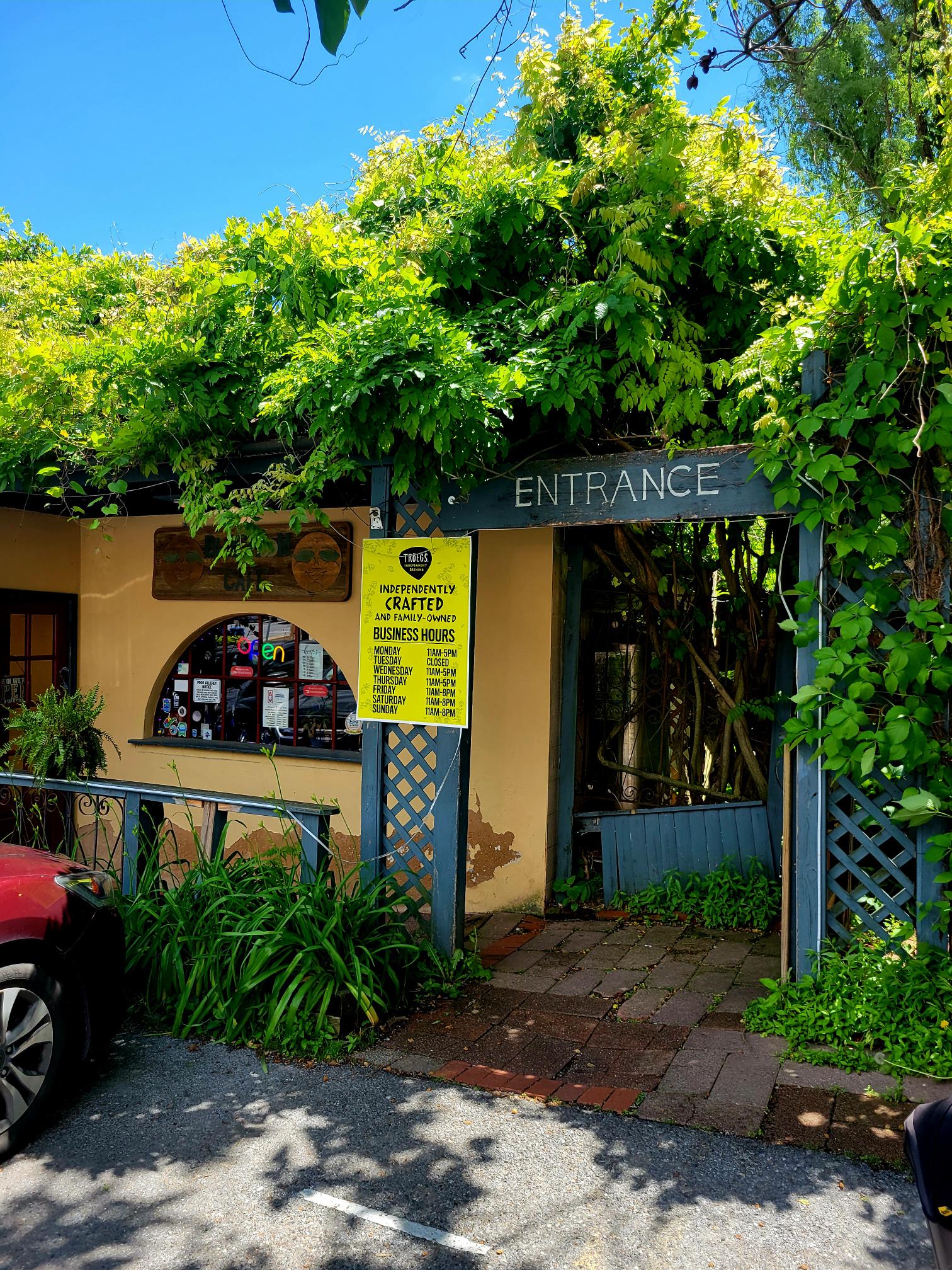 A charming garden shop entrance covered in vibrant green ivy with a yellow sign and blue accents, inviting visitors on a sunny day.