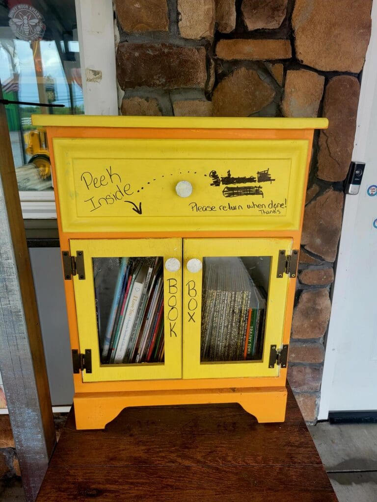 A bright yellow vintage record cabinet with glass doors displaying vinyl records, positioned in front of a rustic stone fireplace in an indoor setting.