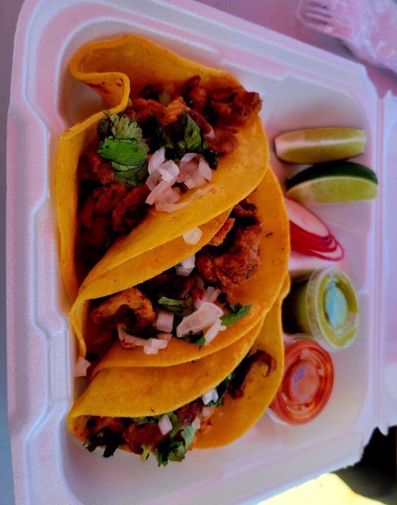 Three street-style tacos with red meat filling, fresh cilantro, and diced onions are arranged on a white plate with sliced jalapeños and onions on the side.