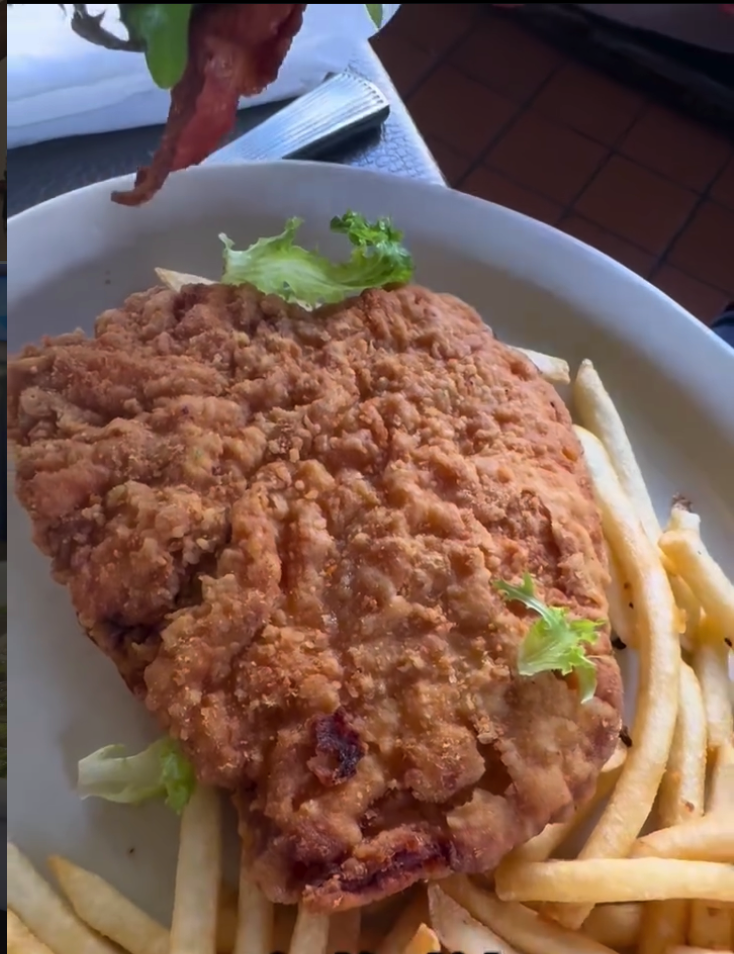 A breaded schnitzel served with french fries and fresh herb garnish on a white plate, with someone's hand visible in the background.