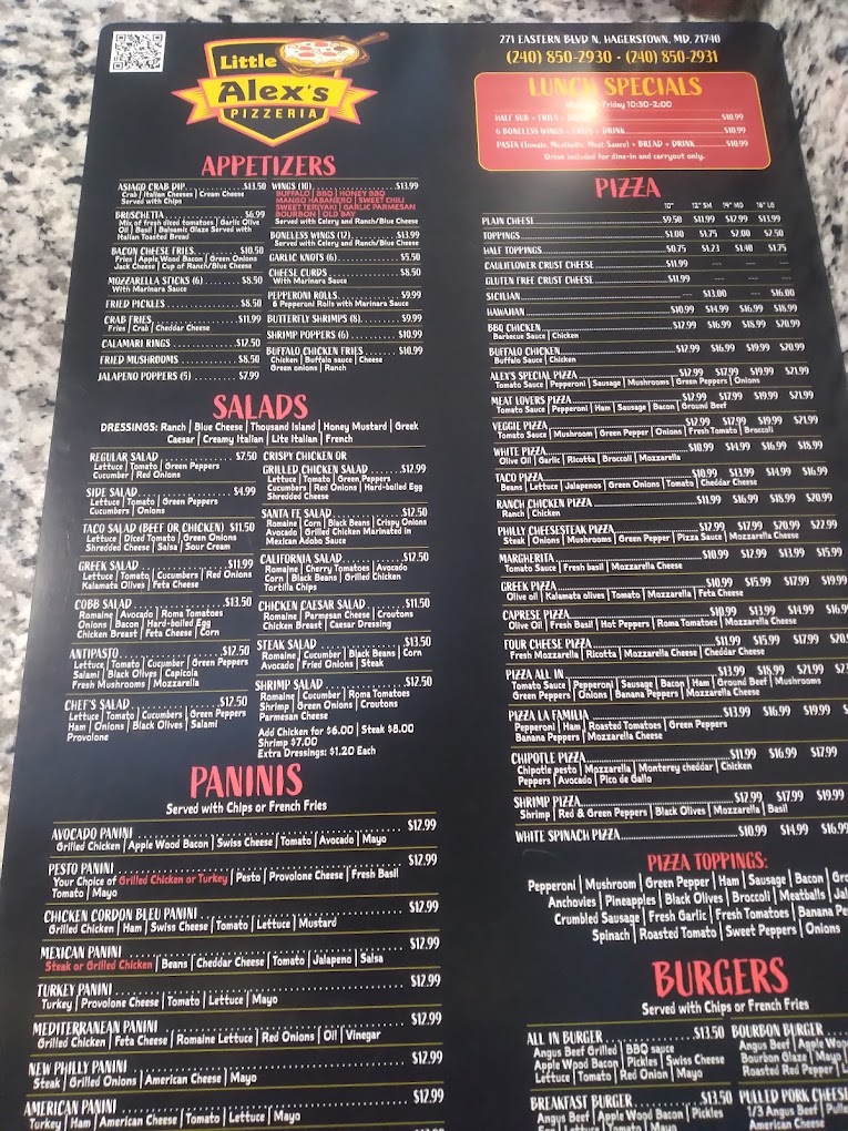 A black restaurant menu displayed flat showing various food items, prices, and menu categories with red accent headers.