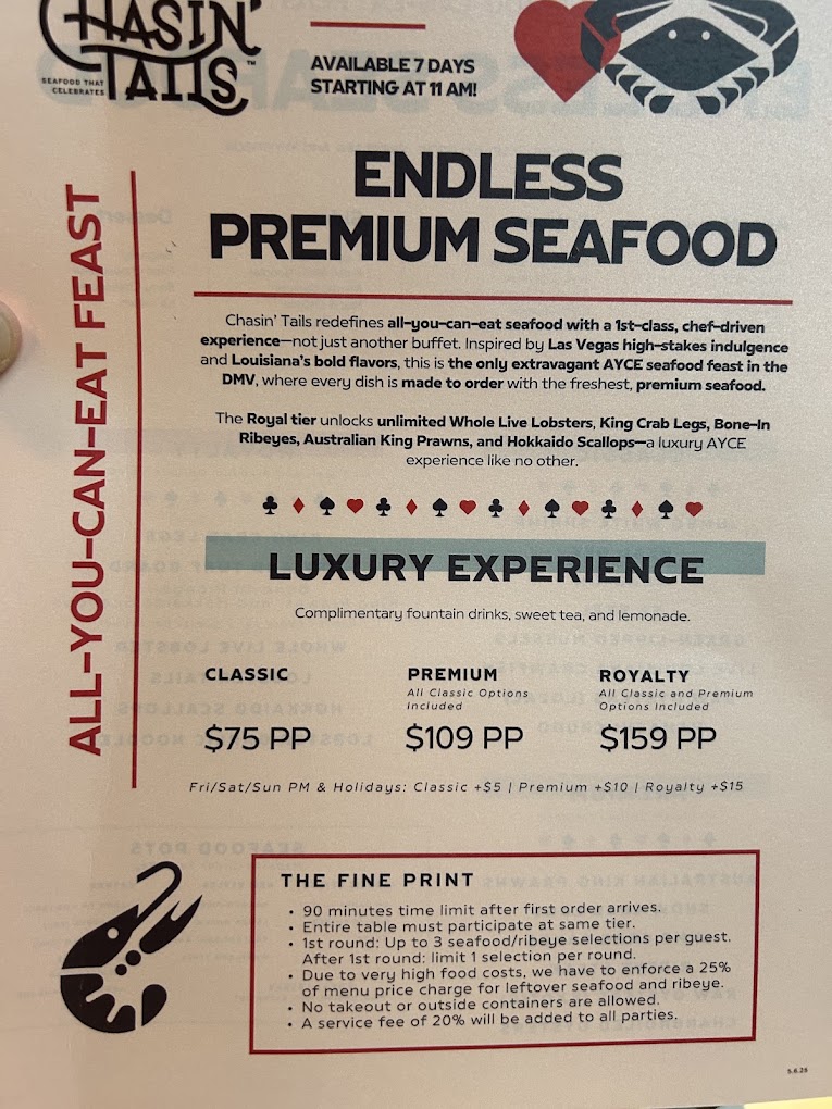 A premium seafood menu featuring three tiered pricing options (Classic, Premium, Royalty) with luxury branding elements and promotional text for a fine dining experience.
