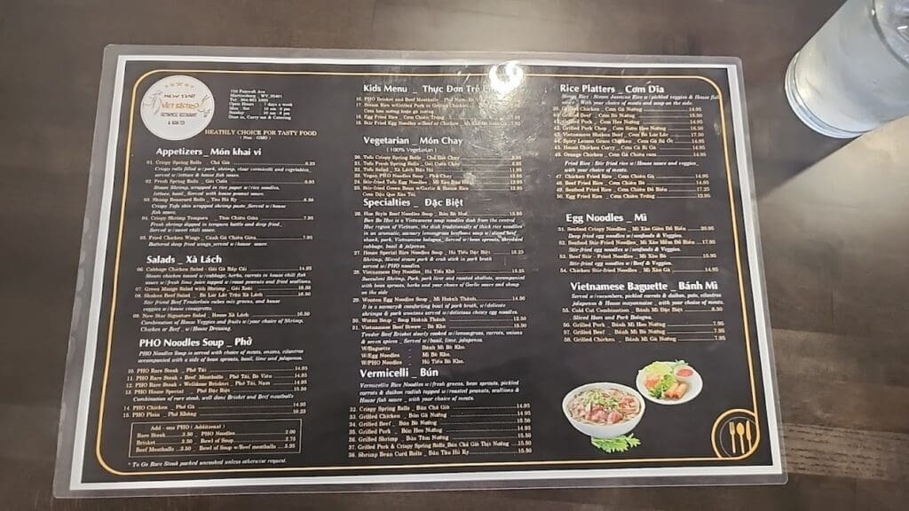 An overhead view of a restaurant menu displayed on a dark background with food item descriptions and accompanying plated dish photographs.