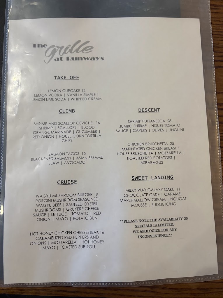 A scanned or photographed vintage restaurant menu page with typewritten text listing food items and descriptions on a cream-colored background.