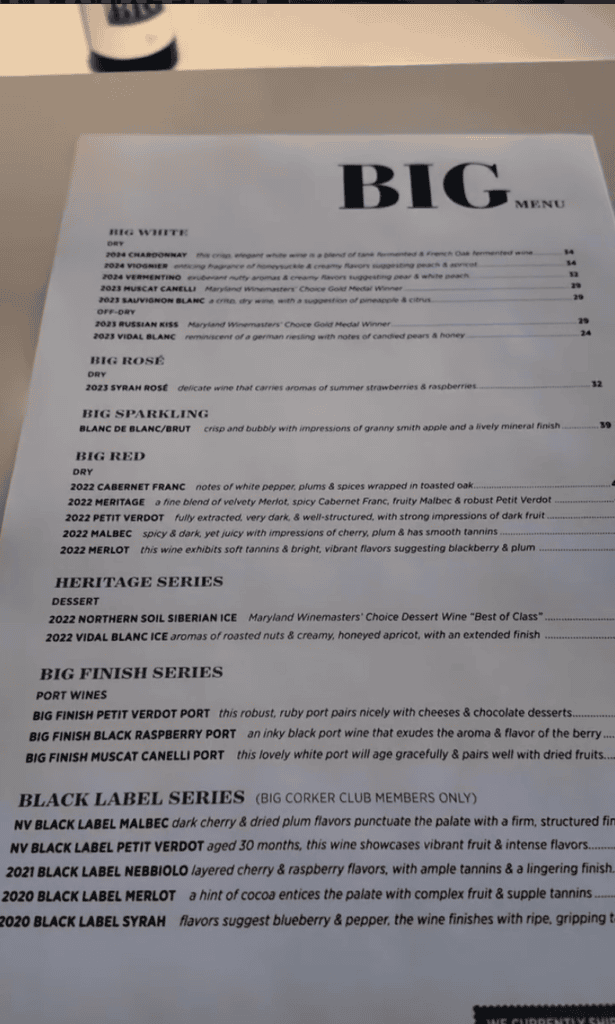 A printed restaurant menu document titled 'BIG' featuring sections for food items and descriptions in black text on white paper.