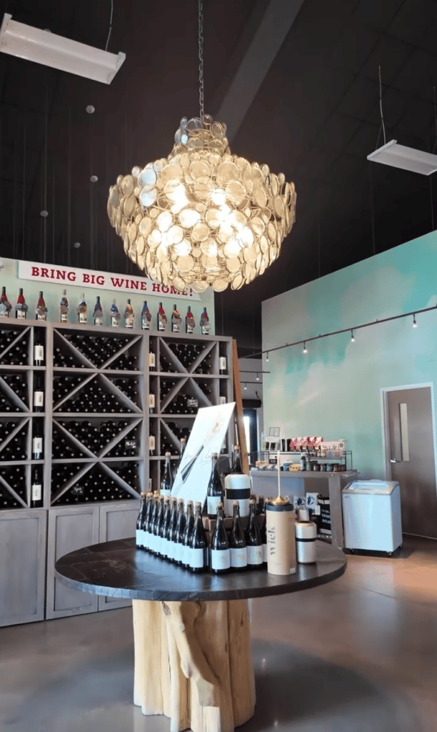 A modern retail or workshop interior featuring a black counter display with bottles and products under an ornate golden pendant light, with turquoise walls and geometric shelving in the background.