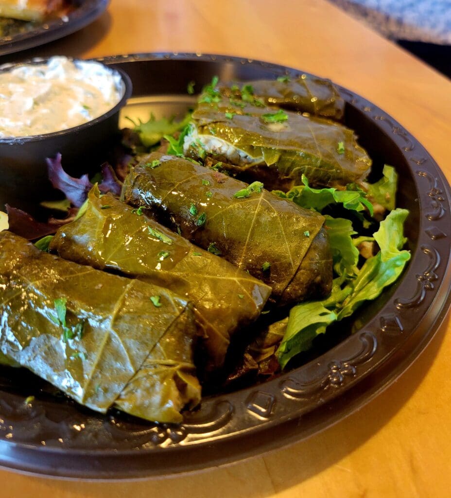Freshly plated grape leaves wraps arranged on a dark plate with a white dipping sauce on a wooden table surface.