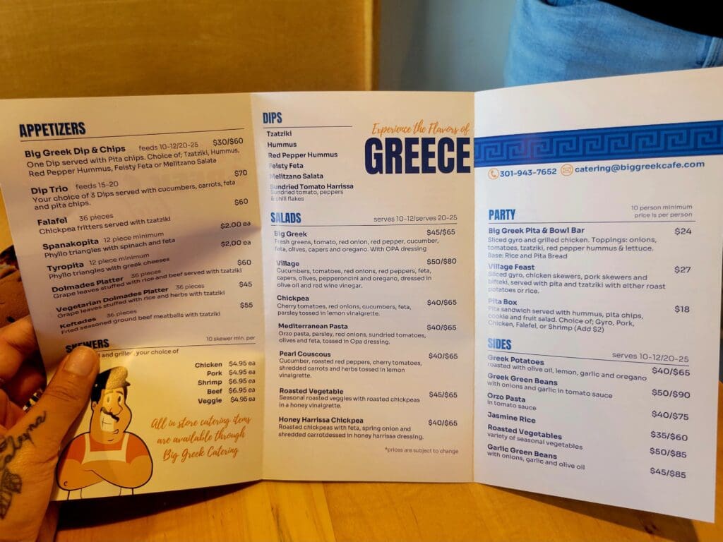 Overhead view of Greek restaurant menus and dining materials laid flat on a wooden surface.