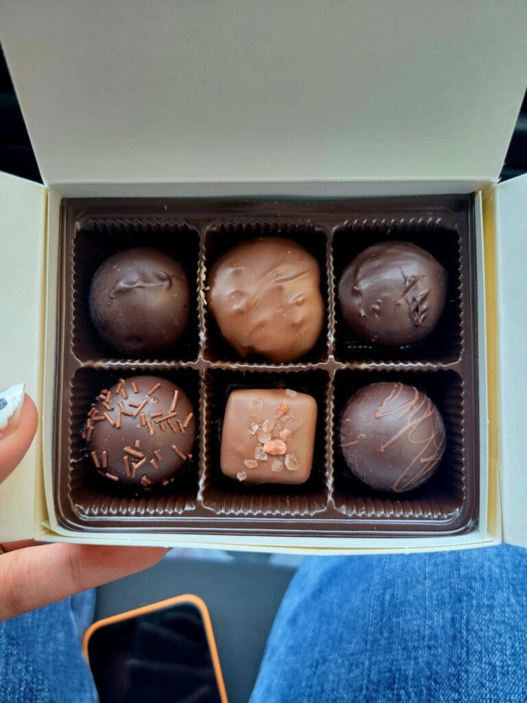 A hand holding open a box of six assorted chocolate truffles with various toppings and finishes.
