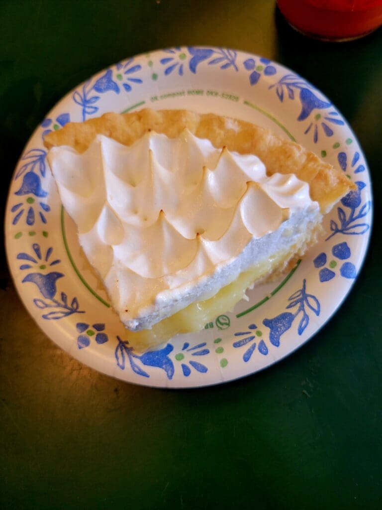 A slice of meringue pie with golden crust and peaked white meringue topping sits on a decorative blue and white ceramic plate with a fork beside it.