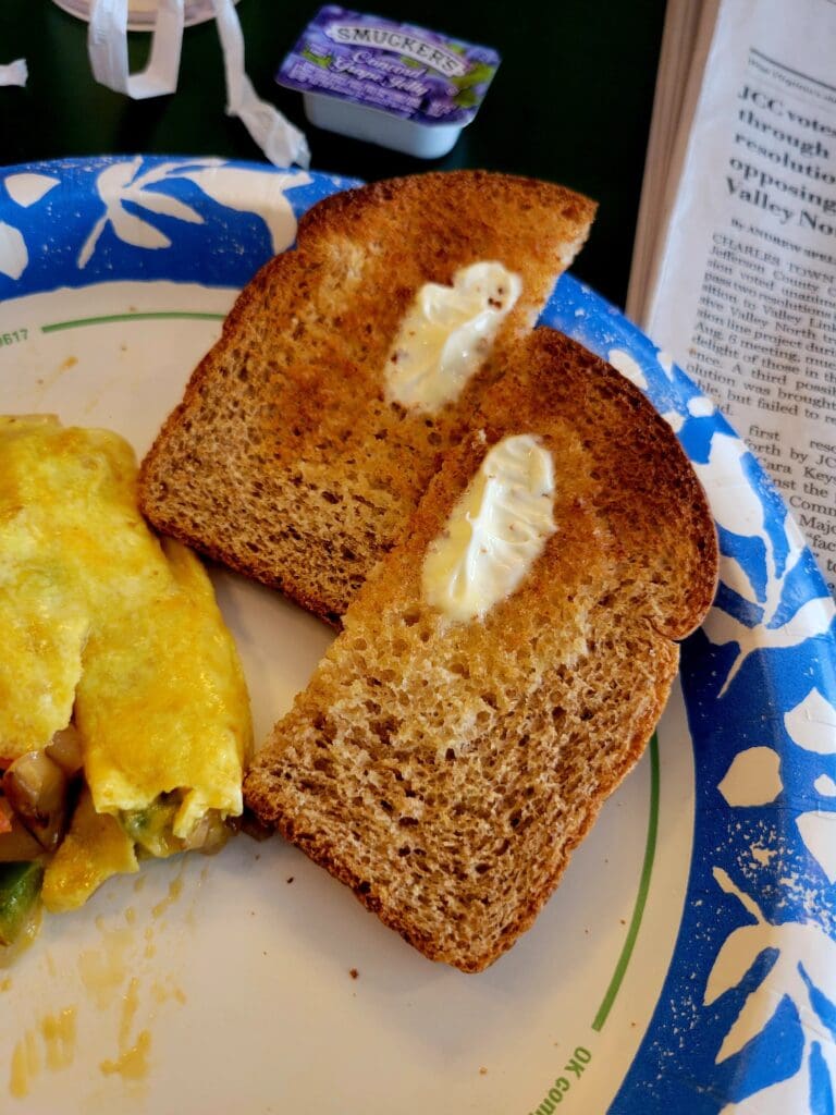 A close-up overhead view of a breakfast plate featuring buttered toast, scrambled eggs, and potato chips on a white plate with blue patterned border.