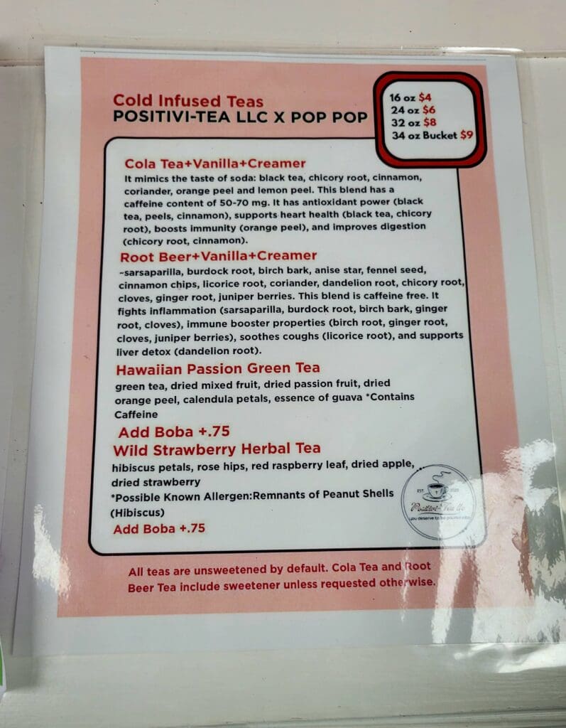 A pink instructional flyer about cold-infused teas and K-pop pop merchandise, displayed against a light background with product images and text information.