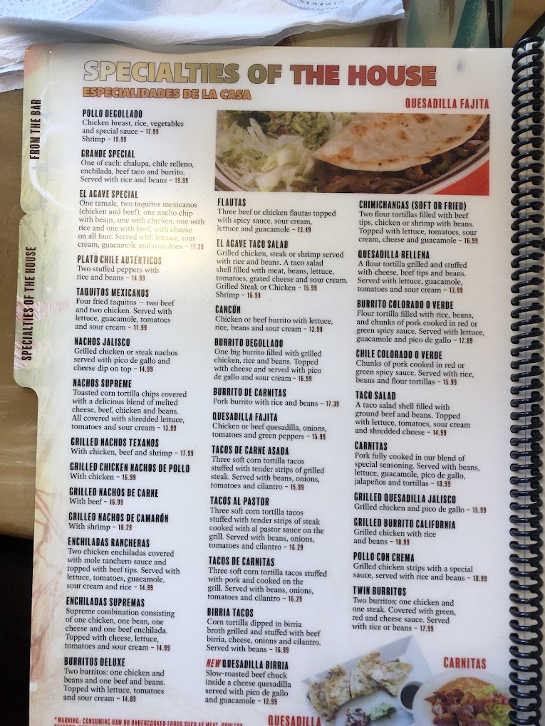 A restaurant menu page titled 'Specialties of the House' displaying multiple food dishes with descriptions and prices arranged in a multi-column layout.