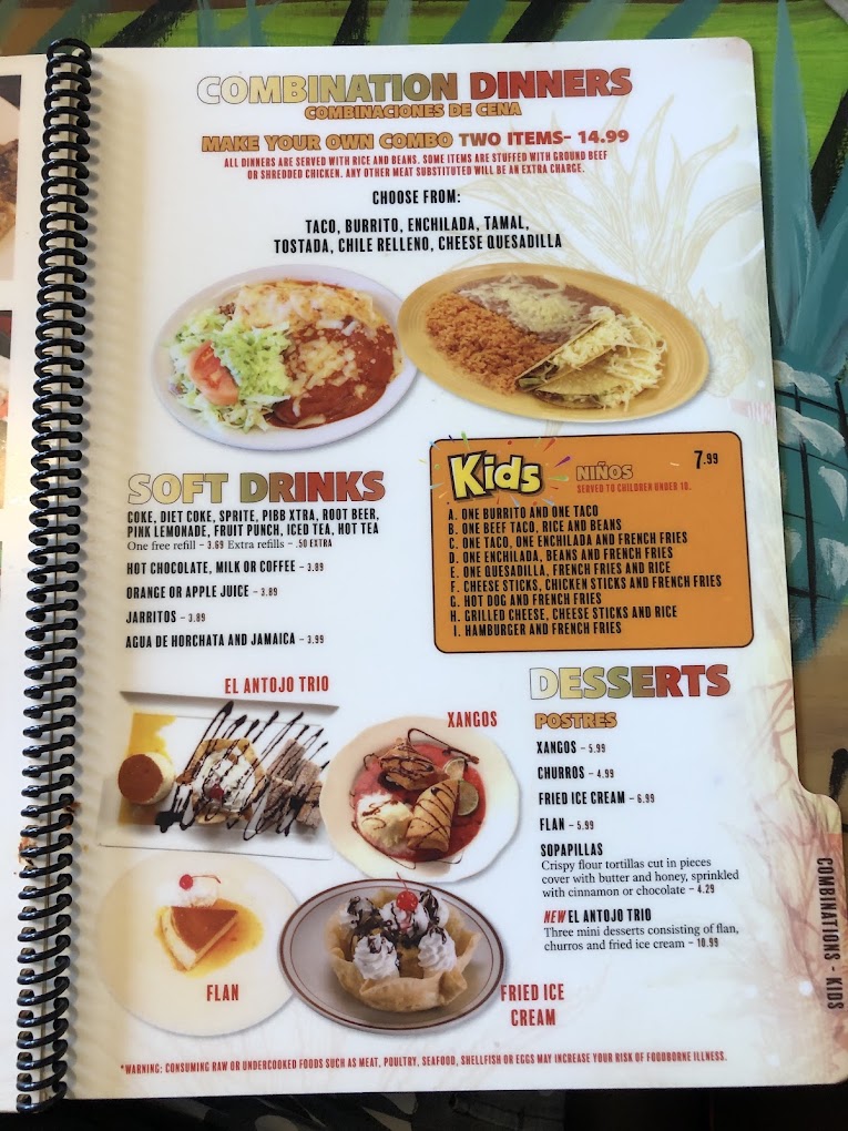 A restaurant menu page featuring combination dinners and kids meals with color photographs of plated dishes and descriptive text.