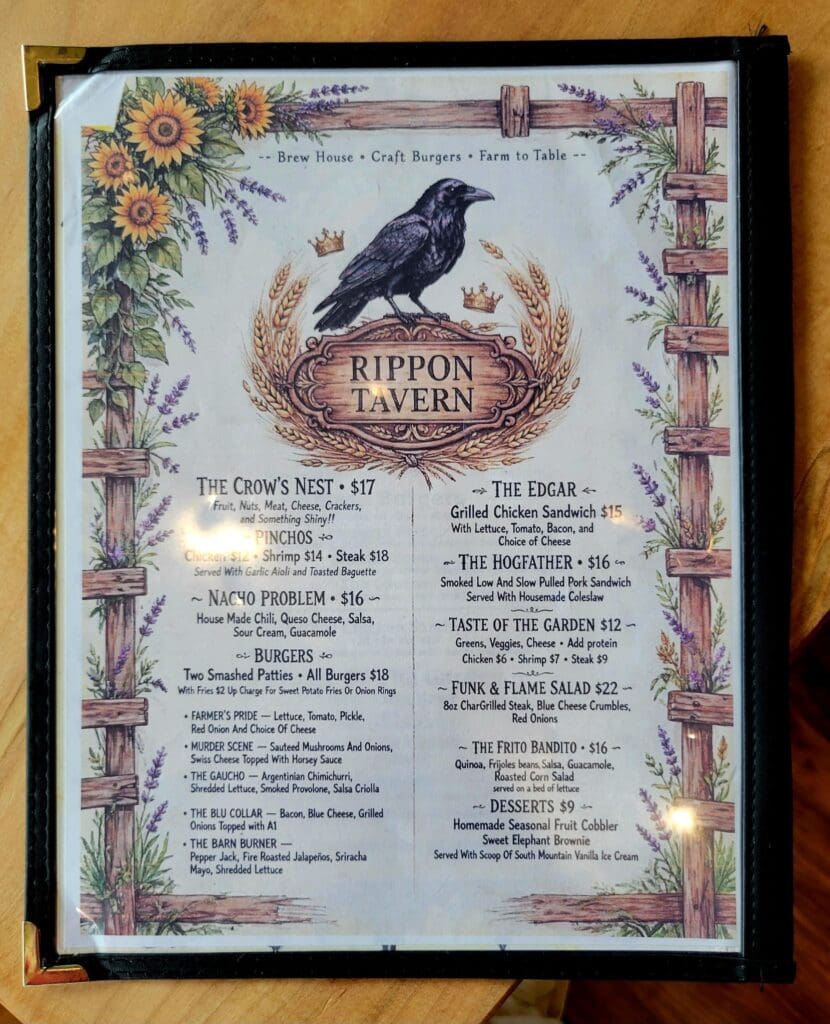A decorative menu for Rippon Tavern, a brew house and craft burger restaurant, featuring illustrated sunflowers, a crow, and various food items with prices.